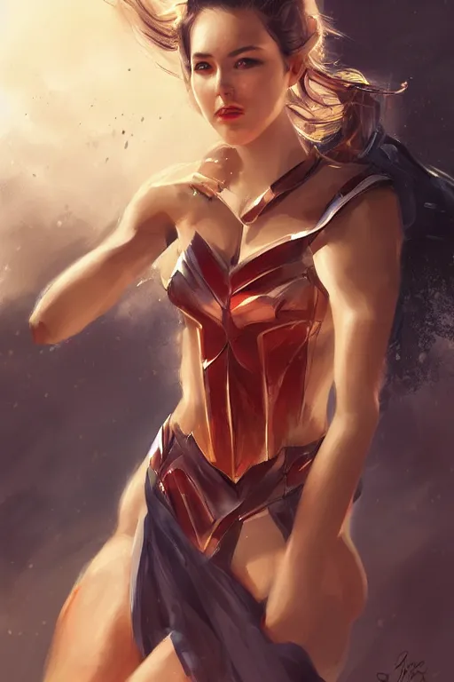 Image similar to three quarters portrait of a beautiful woman,super hero costume,heroic pose,highly detailed, digital painting,illustration, art by Stanley Lau