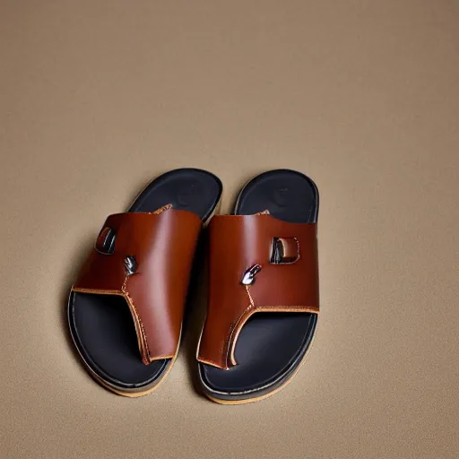 Image similar to sperry brown leather sandals with extremely long toe points, photorealistic