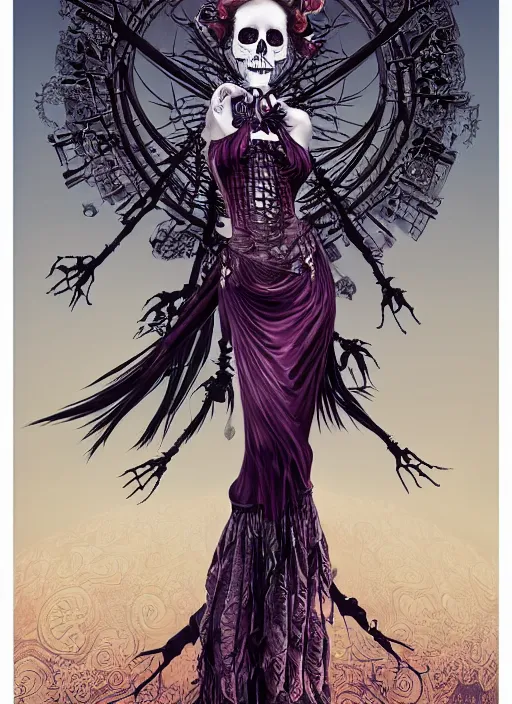 Prompt: cute punk goth fashion fractal skeleton girl posing by Zhang Jingna, poster art by Dan Mumford Kilian Eng Hannah Jeffrey Smith Rick Griffin Alphonse Mucha