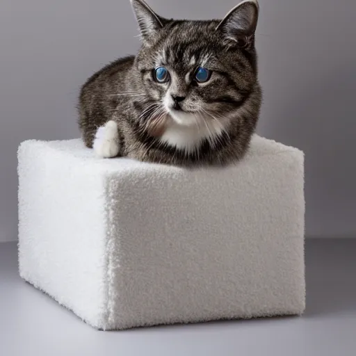Image similar to a furry cube with a cat face, professional photograph, white background