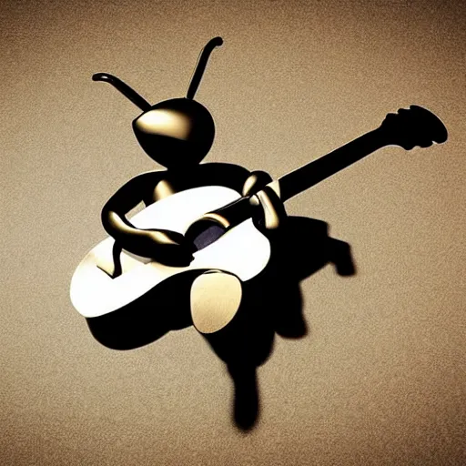 Image similar to portrait of a 3d bee made of metal, shiny, playing guitar onstage like John Lennon