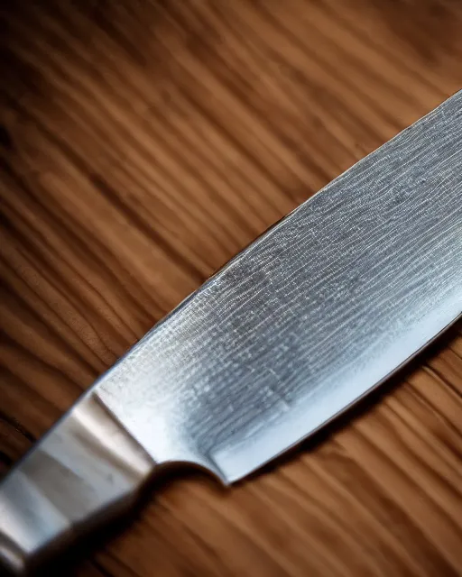 Image similar to A stainless steel knife, highly detailed, bokeh, 90mm, f/1.4