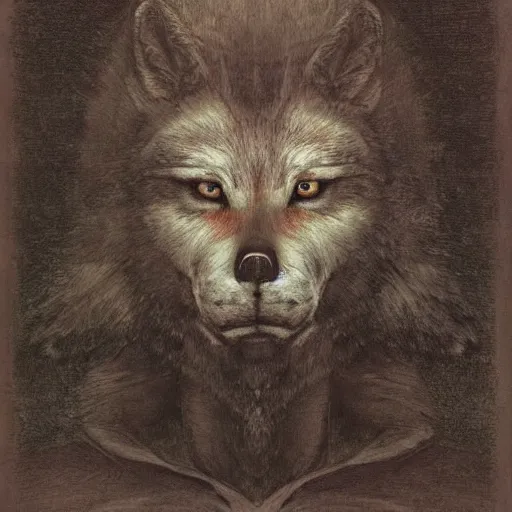 Prompt: head of a half man half wolf by Odd Nerdrum, by Francisco Goya, by M.C. Escher, fairy-tale illustration style, very detailed, colorful, beautiful, eerie, surreal, psychedelic