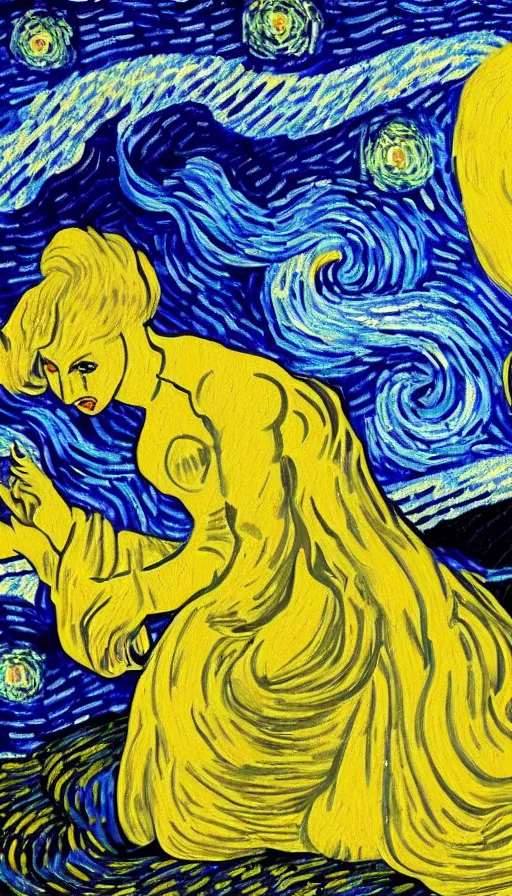 Image similar to A painting of Lady gaga in the style of Vincent van Gogh, starry night, blue yellow. perfectly-centered-painting of Lady Gaga, film still, dynamic action pose, insane detail, intricate, highly detailed, Zeiss Lens, DSLR photography, smooth, sharp focus, 8K