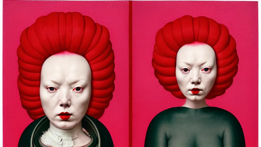 Prompt: symmetrical portrait of a woman wearing a pink silicone mask and hair rolls, wearing a red dress by alexander mcqueen, standing in a garden, cream white background, bjork aesthetic, translucent, masterpiece, in the style of rogier van der weyden and jacopo da pontormo, by mark ryden, punk, asian art,