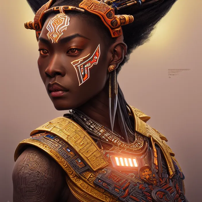 Image similar to symmetry! portrait of a hybrid african warrior, face decorated with chinese opera motifs, leds horizon zero dawn machine, intricate, elegant, highly detailed, digital painting, artstation, concept art, smooth, sharp focus, illustration, art by artgerm and greg rutkowski and alphonse mucha, 8 k