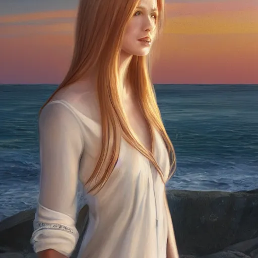 Image similar to woman with long blonde hair wearing white clothing standing by the beach at sunset, beautiful, 8k, highly detailed, realistic, artgerm, sakimichan, rutkowski, trending on artstation, perfect face, portrait, high contrast, golden light, dramatic lighting,