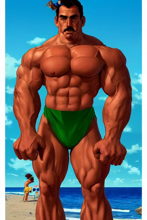 Prompt: luigi as bodybuilder gigachad at the beach by ilya kuvshinov, ernest khalimov body, super mario bros symmetrical face concept art, hyper realistic, intricate, elegent, highly detailed, digital painting, concept art, smooth, sharp, focus, illustration, art by artgerm and greg rutkowski and alphonse mucha, artstation