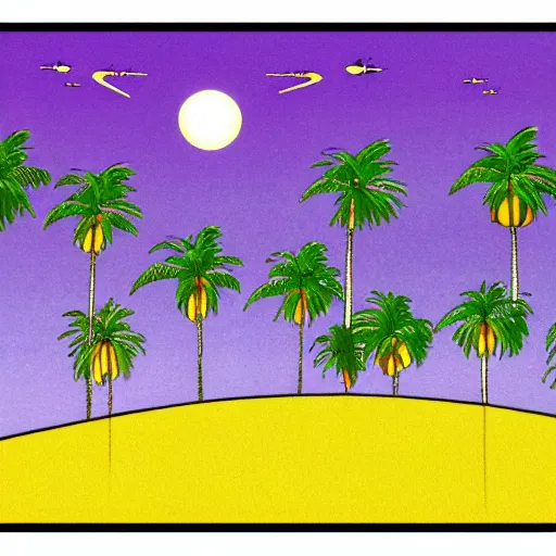 Image similar to ufo and aliens beaming up abducting cows along coast line pastures, summer night and palm trees. by patrick nagel, by norman rockwell, by virgil finlay minimalist lighting, precisionist, 1 0 0 0 0 mm. purple and green gammas.