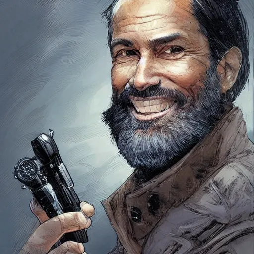 Prompt: portrait of a treasure hunter, grizzled man smiling brightly in his 5 0 s with dark hair and sharp cheekbones, dressed in expensive clothes, detailed face, smooth, sharp focus, graphic novel, art by artgerm and greg rutkowski and pepe larraz,