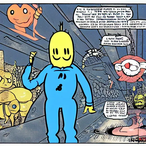 Prompt: zippy the pinhead floating in the multiverse of madness, in the style of bill griffith