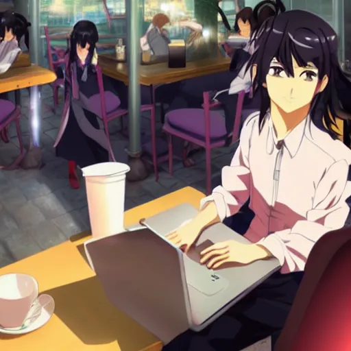 Image similar to makoto shinkai anime art, crowded cafe, typing on laptop, touhou project