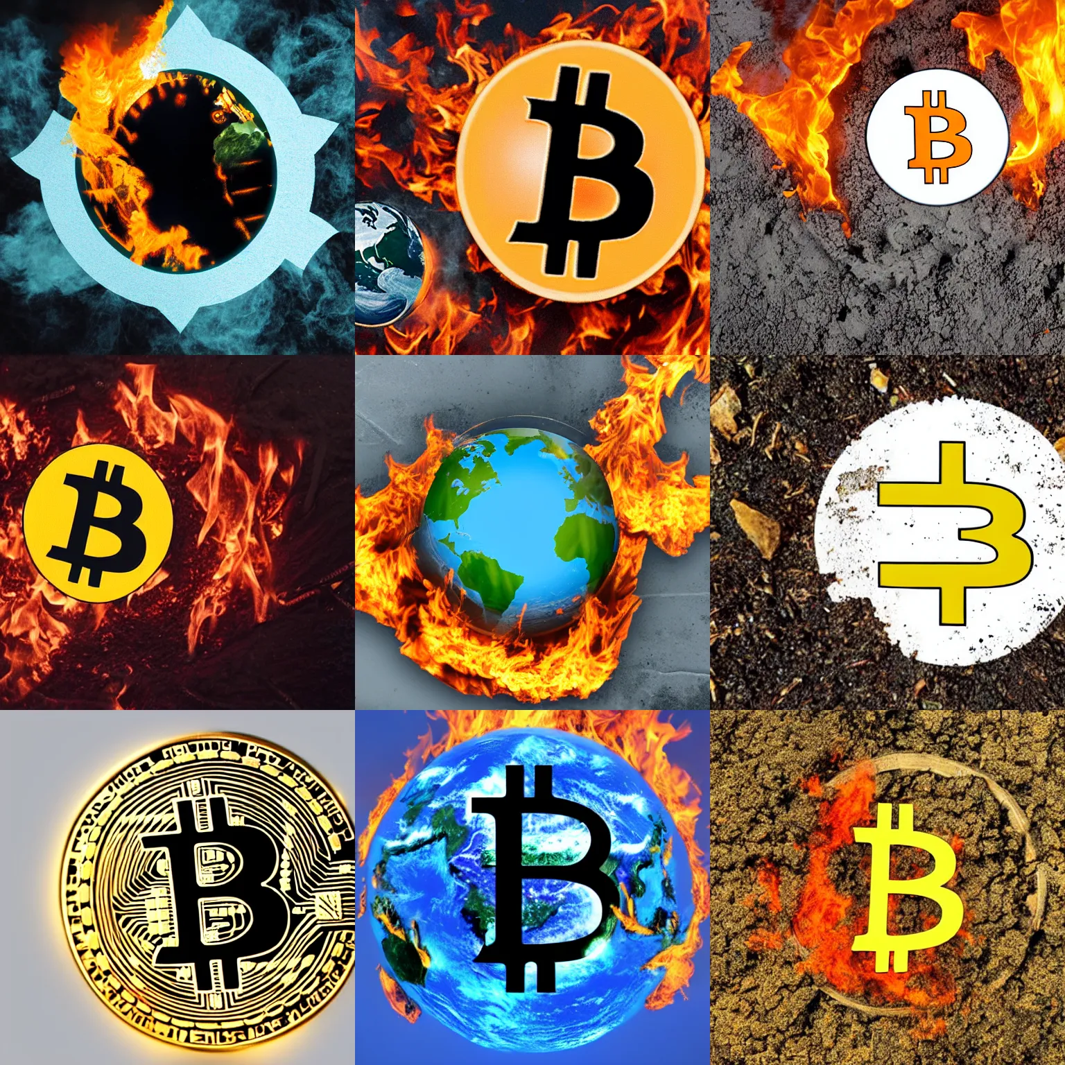 Prompt: earth burning as the bitcoin logo, pollution