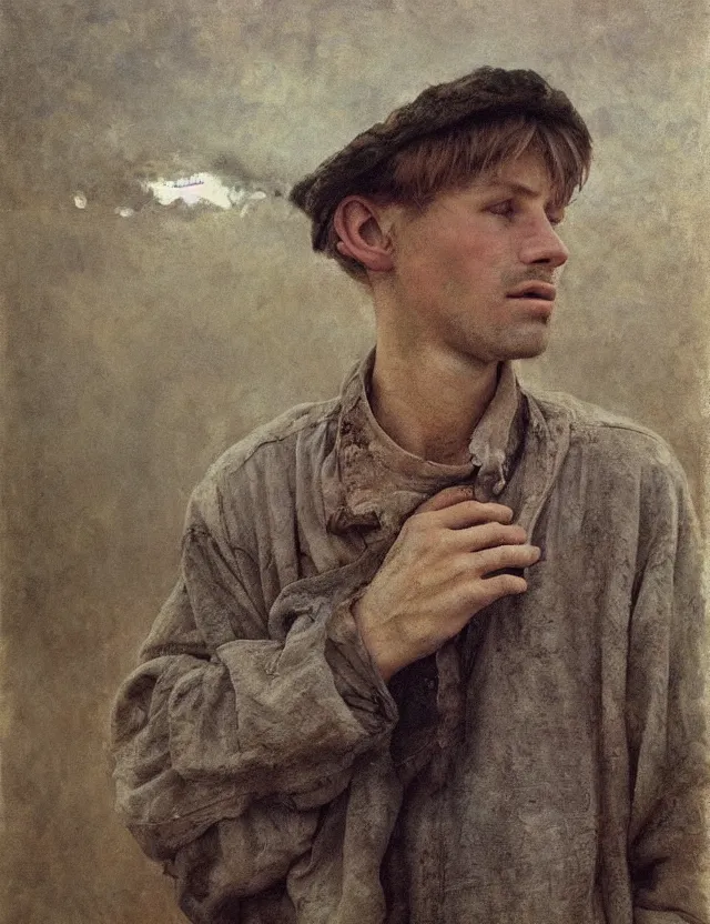 Image similar to portrait of handsome peasant boy with dirty face, cottage core, cinematic focus, polaroid photo bleached vintage pastel colors high - key lighting, soft lights, foggy, by steve hanks, by lisa yuskavage, by serov valentin, by tarkovsky, detailed, oil on canvas