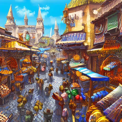 Prompt: bright fantasy medieval city, blue sky, busy market street, highly detailed and intricate 8 k concept art fantasy illustration