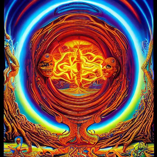 Prompt: a hypercomplex ultrarealistic painting of the portal to hell in a puzzle box by clive barker and alex grey and lisa frank and michael whelan, symmetry accurate features, very intricate details, 8 k, hires