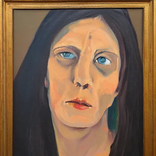 Prompt: scared woman staring up, oil painting, oil in canvas, brushstrokes