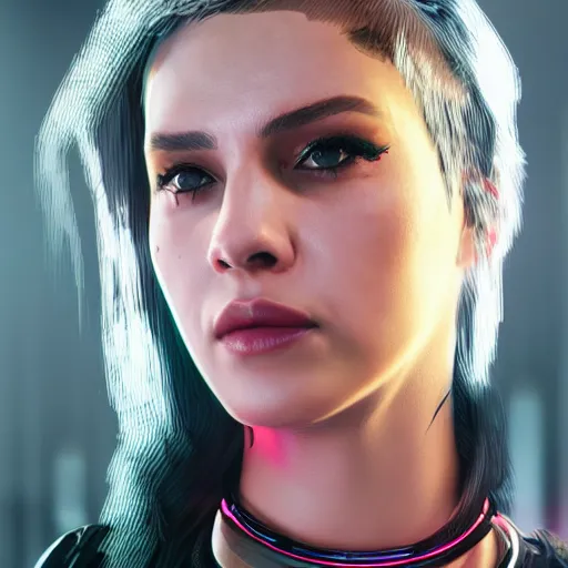 Image similar to headshot of punk female from cyberpunk 2077 wearing thick steel choker around neck, 4K, detailed face, collar on neck, realistic, artstation, neon,