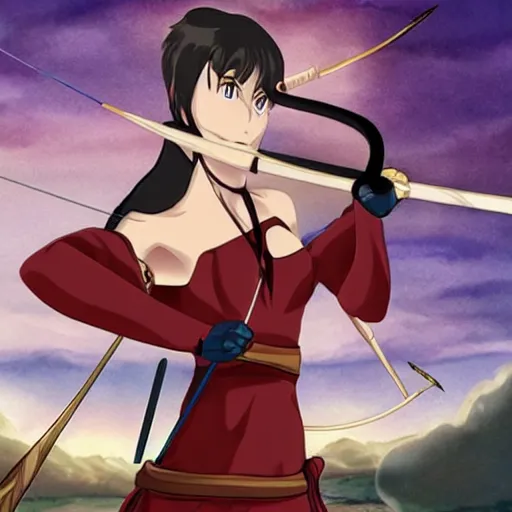 Image similar to woman with a bow and arrow anime