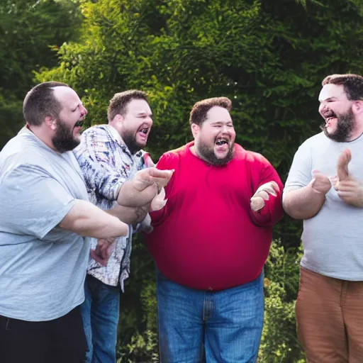 Image similar to A group of overweight men laughing at a cake