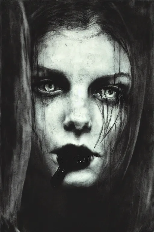 Prompt: portrait of a goddess vampire of dark beauty as alice from the movie resident evil 7, by sally mann, and gottfried helnwein, jeremy mann, dark, backlit, low key, shadowed