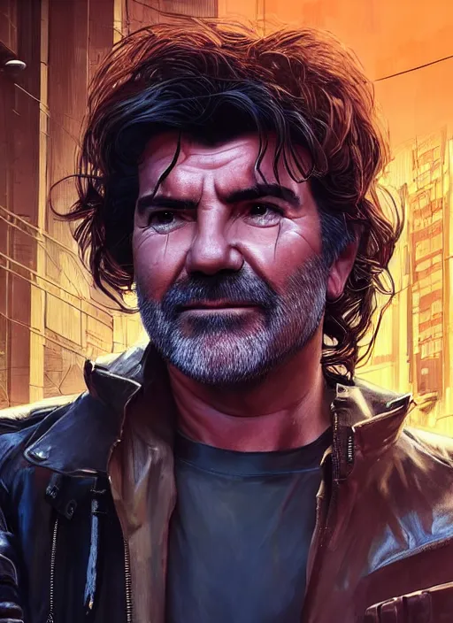 Prompt: portrait of Simon Cowell as a homeless character in Cyberpunk 2077, looking at camera, intricate, dystopian, sci-fi, extremely detailed, digital painting, artstation, concept art, smooth, sharp focus, illustration, intimidating lighting, incredible art by artgerm and greg rutkowski and alphonse mucha and simon stalenhag
