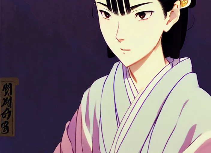 Image similar to a film still portrait of a confident woman wearing a kimono, finely detailed features, closeup at the faces, perfect art, at an ancient city, gapmoe yandere grimdark, trending on pixiv fanbox, painted by greg rutkowski makoto shinkai takashi takeuchi studio ghibli, akihiko yoshida