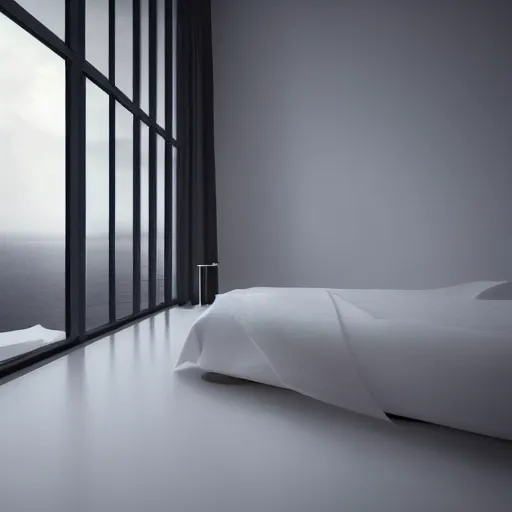 Prompt: white zen clean modern minimalist white room, frozen and covered in ice, with large window with ocean view by peter tarka in an ivory room well contoured smooth fair walls, up close shot, sharp focus, zen, clean, modern minimalist, zaha hadid octane highly render, 4 k, ultra hd,