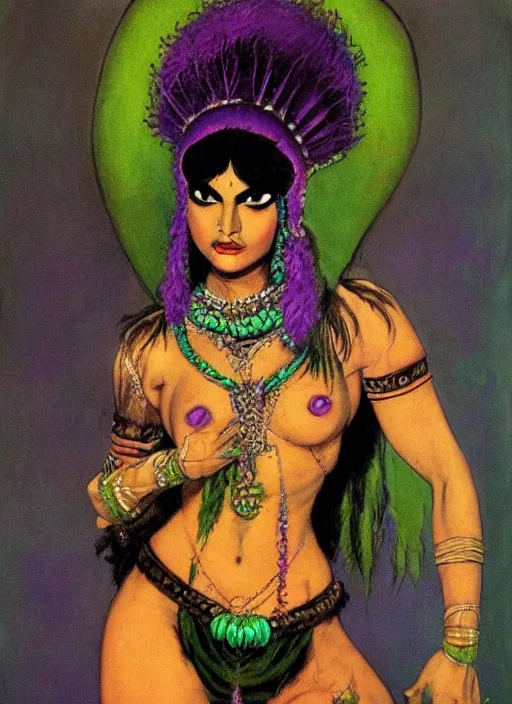 Image similar to portrait of muscular indian vampiress, jeweled veil, purple and green, strong line, saturated color, beautiful! coherent! by frank frazetta, high contrast, minimalism