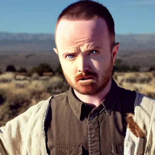 Image similar to Live Action Still of Aaron Paul dressed as Walter White, real life, hyperrealistic, ultra realistic, realistic, highly detailed, epic, HD quality, 8k resolution, body and headshot, film still