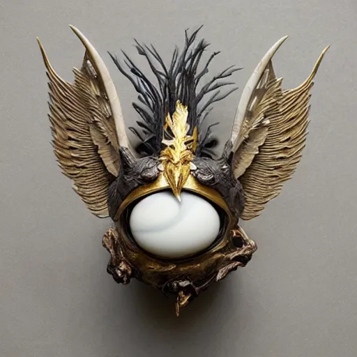 Image similar to white marble with gold accents, an eye with wings and fangs by ellen jewett