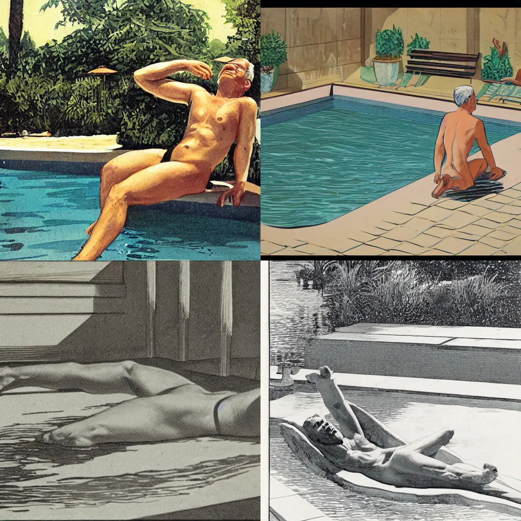 Prompt: A man relaxing by the pool. Illustration. Hugh ward, Harold McCauley, Peter Driben.