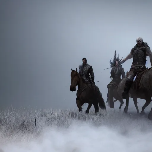 Image similar to the wild hunt, wraiths riding in the sky, mythical creatures in undead nightmare, bad omen, enchanted forest, blizzard storm, fog, full moon, snowy environment, in the style of the witcher series, hyperrealism, atmospheric, cinematic, disturbing, breathtaking, award winning, groundbreaking, octane render, unreal 5, intricate digital art, sharp focus, 8 k