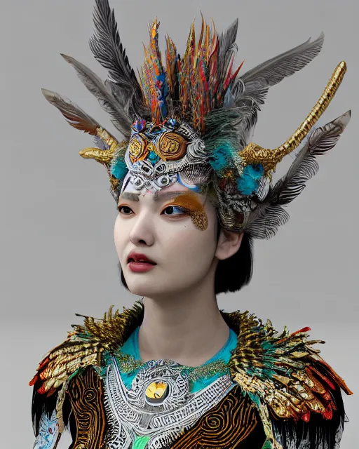 Image similar to 3 d warrior goddess medium shot portrait. beautiful hyperrealistic intricate highly detailed magpie helm and richly embroidered blouse, quetzalcoatl, korean hanbok, bioluminescent, curious, kintsugi, plasma, lava, ice, feather, artwork by tooth wu and chiara bautista, octane 3 d render