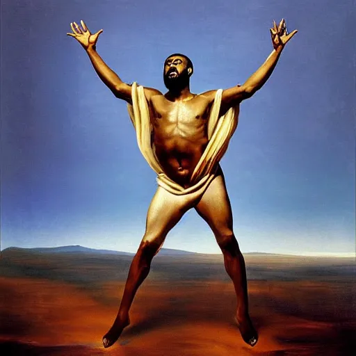 Image similar to surrealist epic photoreal portrait of kayne west as god by dali, arms outstretched, 4 k