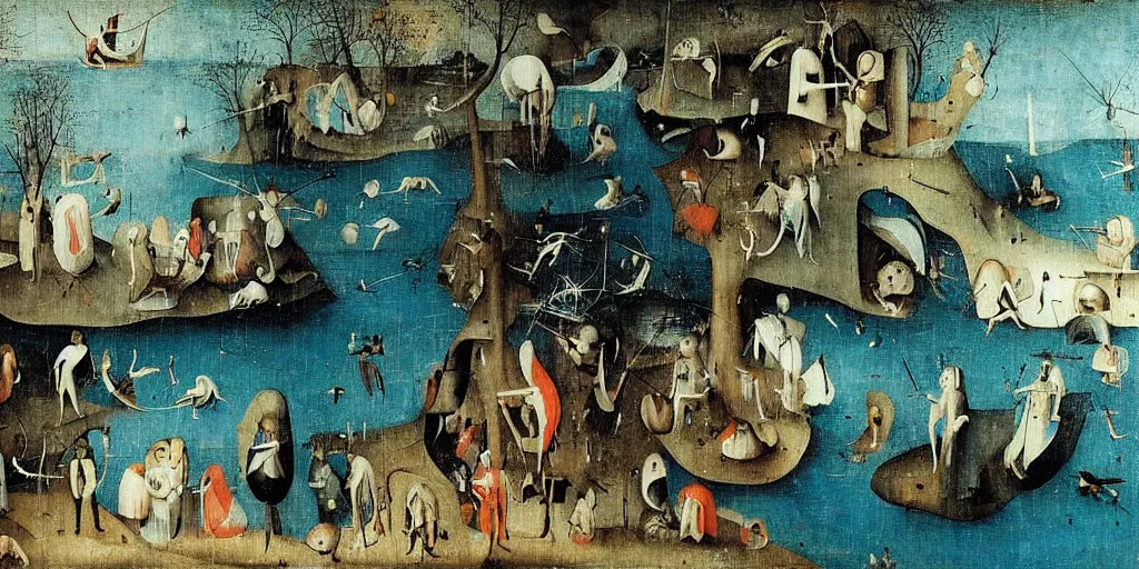 Image similar to in the endless forest there was a blue sea, and five men in suits stood evenly, holding out their hands in the direction of the sea ， by hieronymus bosch