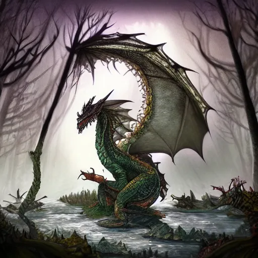 Image similar to a gargantuan dragon idly standing in a forest, peacefully drinking river water, intricately defined, complexly detailed, robustly ordinated, artist concept art, artist interpretation, trending on artstation, digital art, 4 k quality