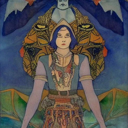 Image similar to the crow prince, by Annie Swynnerton!!!! and Nicholas Roerich! and (Edmund Dulac) and (((Diego Rivera))), embroidered brocade, tattoos, elaborate costume, geometric ornament, symbolist, rich colors, dramatic lighting, smooth, sharp focus, extremely detailed