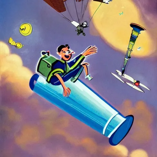 Prompt: a man flying with a jetpack in the style of a children's book