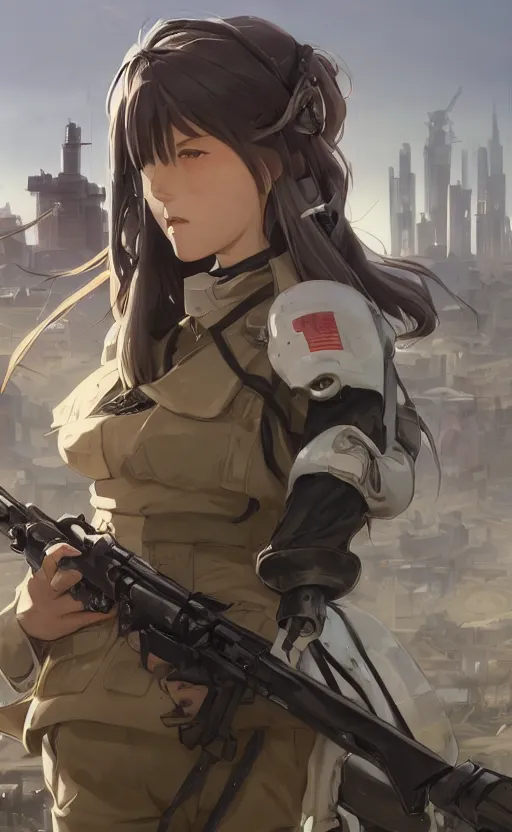 Prompt: panoramic view, a cyborg girl, soldier clothing, battlefield in background, anime style, hair down, symmetrical facial features, realistic hands, from arknights, hyper realistic, 4 k, extreme detail, d & d, trending artstation, safebooru, realistic lighting, by alphonse mucha, greg rutkowski, sharp focus