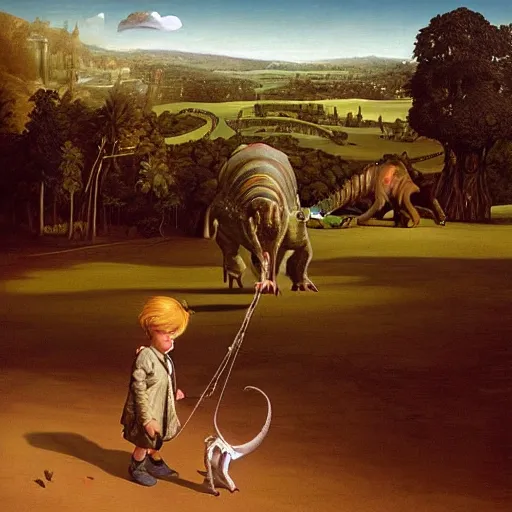 Image similar to dream a kid at the park walking a dinosaur with a leash, renaissance oil painting by George Lucas and Jarosław Jaśnikowski and Dan Mumford, hyperralistic, hyperdetailed