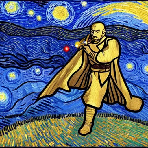 Prompt: jedi with swords star wars, style vincent van gogh's starry night