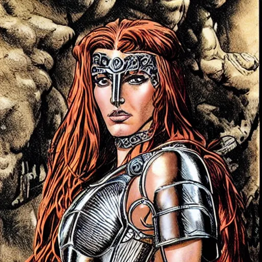 Prompt: greek amazon warrior, a tall beautiful woman with bronzed skin and long red hair, dressed in hellenistic body armour, intricate, elegant, highly detailed, smooth, sharp focus, detailed face, high contrast, graphic novel, art by alan davis,