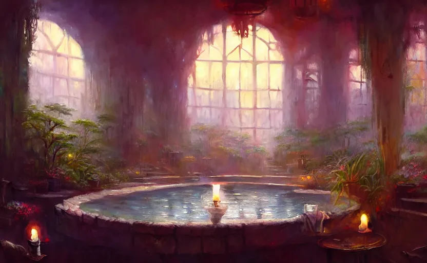 Image similar to painting of an interior of a hot spring with candles, fantasy, lush plants and flowers, natural light, concept art, by greg rutkowski and craig mullins, cozy atmospheric and cinematic lighting, trending on artstation