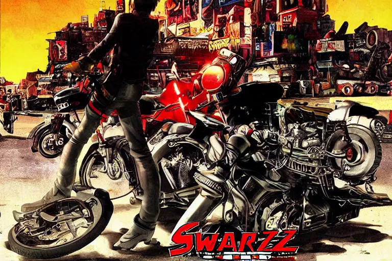 Image similar to schwartz, akira's motorcycle, gorillaz, poster, high quality