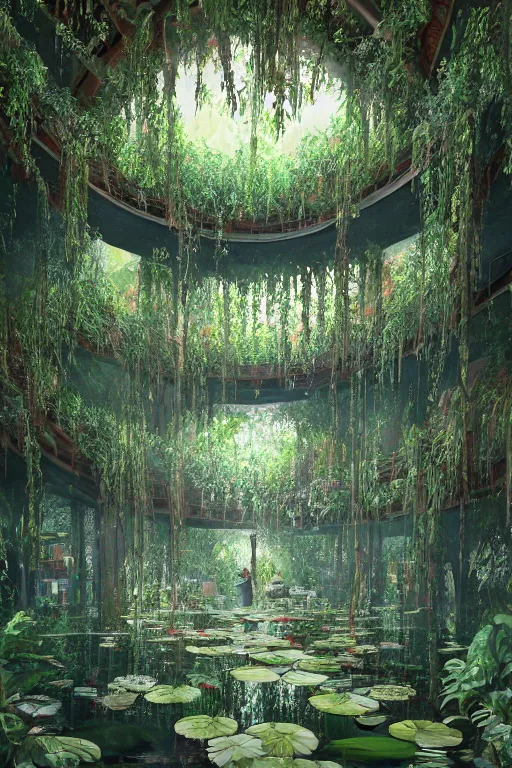 Image similar to A beautiful overgrown office interior flooded with crystal clear water, lily pads, thick and rich vines on the walls, tall ceiling, digital art, trending on Artstation