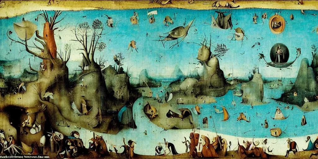 Prompt: in the endless forest there was a blue sea, and five men in suits stood evenly, holding out their hands in the direction of the sea ， by hieronymus bosch