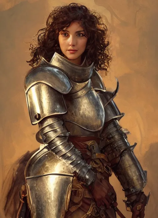 Image similar to medium-length portrait of a female knight with short curly hair and brown eyes, dark brown skin, happy expression, wears a combination of plate armor and boiled leather, medieval setting, highly detailed, digital painting, artstation, concept art, sharp focus, illustration, art by greg rutkowski and alphonse mucha