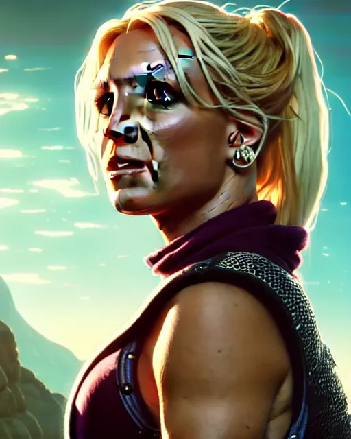 Image similar to highly detailed portrait of britney spears in the witcher, stephen bliss, unreal engine, greg rutkowski, loish, rhads, beeple, makoto shinkai and lois van baarle, ilya kuvshinov, rossdraws, tom bagshaw, alphonse mucha, global illumination, god rays, detailed and intricate environment