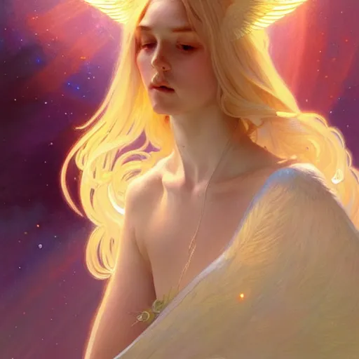 Image similar to Winged girl seraphim with blonde hair and glowing halo, iridescent, fantasy, intricate, elegant, highly detailed, digital painting, artstation, concept art, smooth, sharp focus, illustration, art by Krenz Cushart and Artem Demura and alphonse mucha